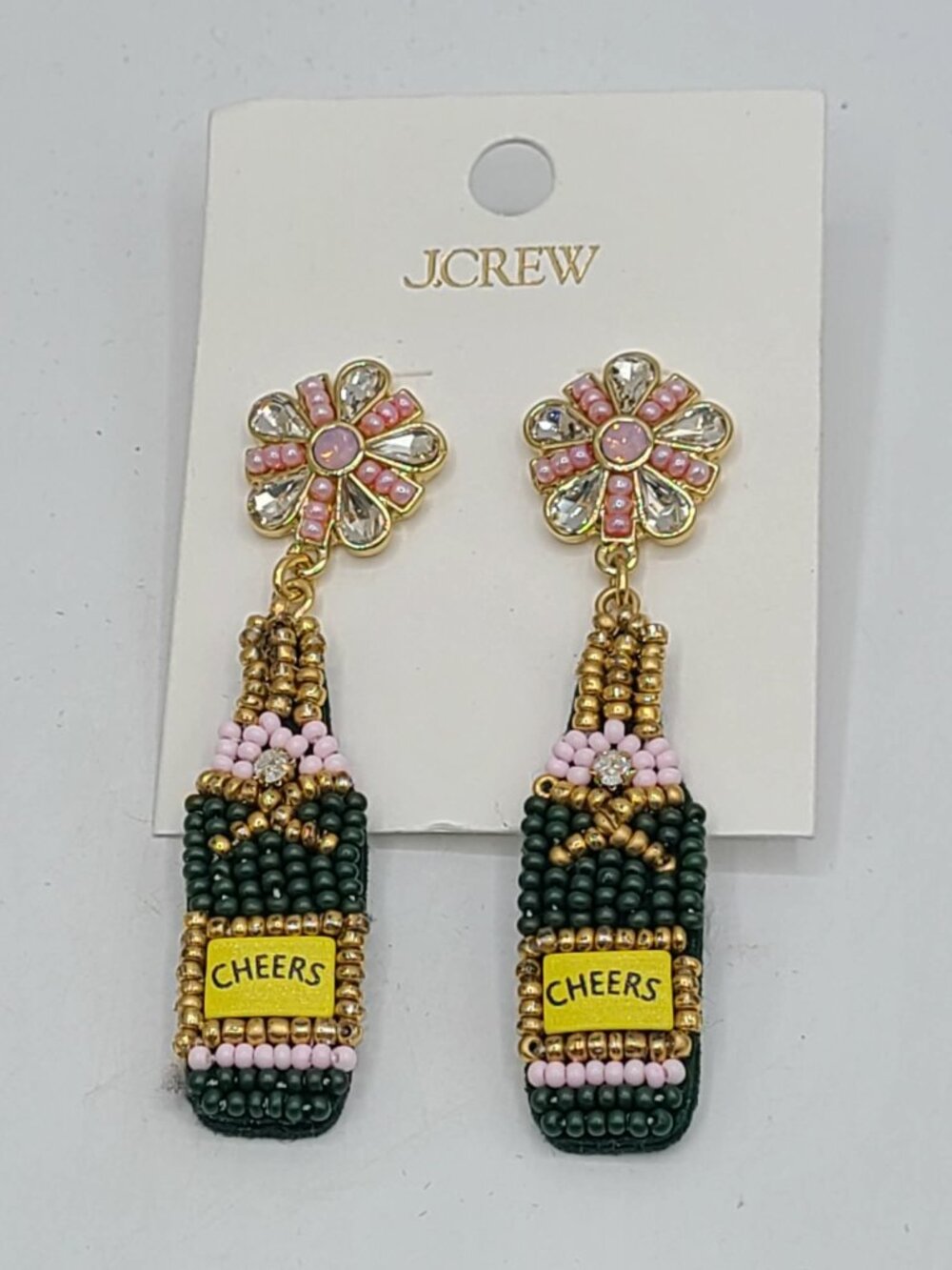 J Crew Beaded CHEERS Bottle Earrings NWT